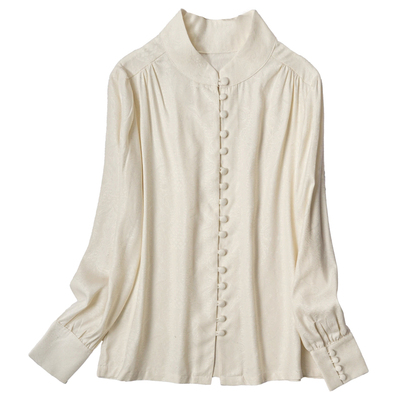 优雅小资法式轻奢高格调100%桑蚕丝绢丝小立领衬衫女真丝秋款内搭