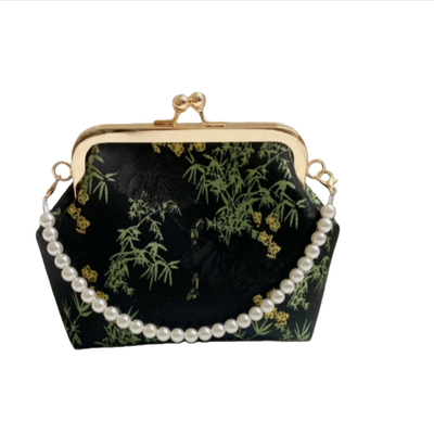 国风竹叶刺绣口金包女复古珍珠链条斜挎包中式手提包