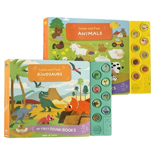 新品特价 按键触摸发声书英文原版绘本纸板书Listen and Find Dinosaurs Animals