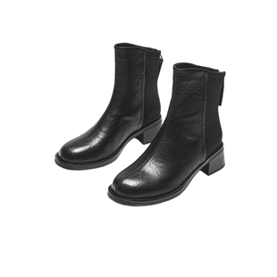 热风女鞋25冬新款女士黑色粗跟气质时装靴短筒通勤马丁靴百搭女靴