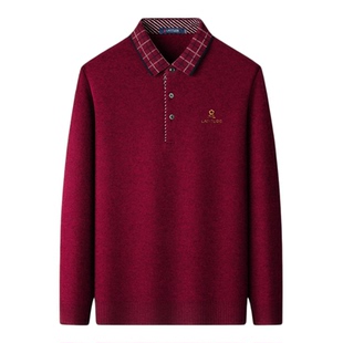 [100%美丽诺绵羊毛]梦特娇男装格纹翻领毛衣保暖打底男士针织衫Z