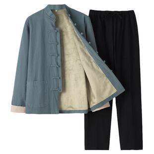 中国风棉麻加绒套装秋冬唐装中式汉服居士禅修服茶服太极外套保暖