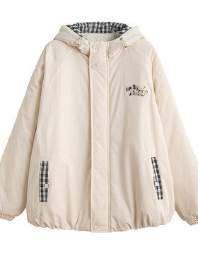 格子拼接加绒棉服外套女秋冬新款