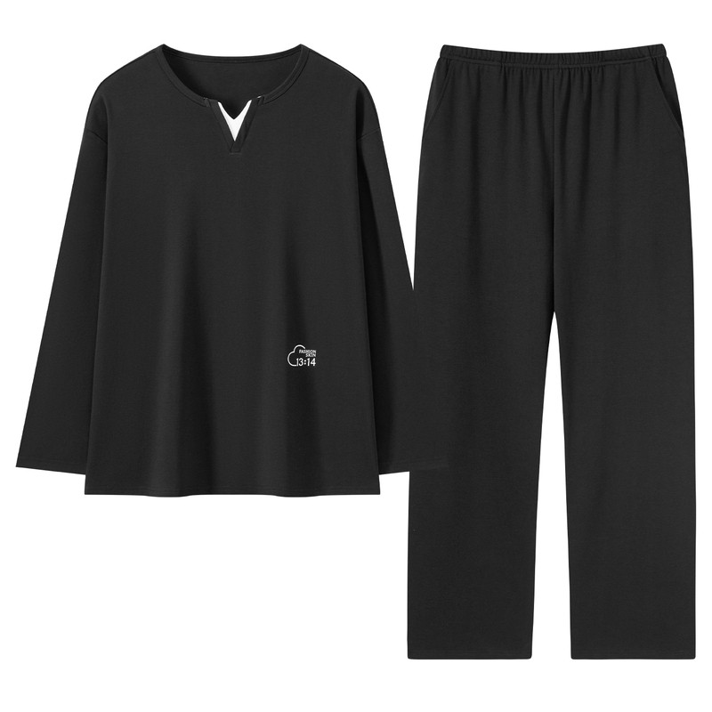 男士黑色春秋V领长袖家居服套装
