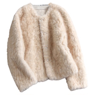 软糯舒适圆领宽松显瘦皮毛一体加厚保暖环保皮草长袖女装外套Q673