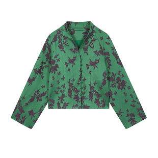 PaleBlueDot蓝点2025春季盘扣翡绿提花小立领短外套松弛感新中式