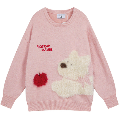 小狗提花粉色软糯慵懒毛衣