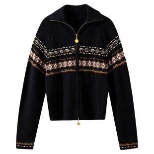 【小岛的风】费尔岛提花 一衣多穿拉链高领几何图案针织开衫上衣