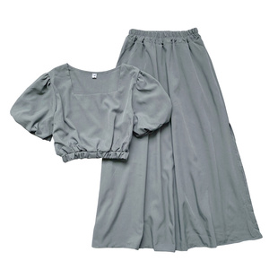 时尚百搭方领泡泡袖露腰衬衫+半松紧高腰中长款开叉半身裙两件套