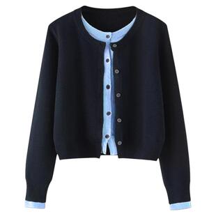 拉夏贝尔藏青色假两件长袖针织开衫女2026新款春秋季撞色上衣外套