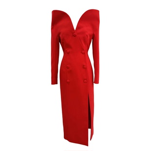 现货2026新款法式设计感深V领长袖包臀开叉长裙喜庆红色晚礼服女