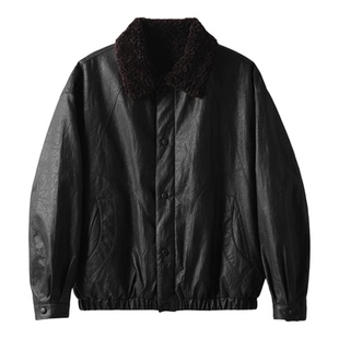 LUUD 皮毛一体内里加绒PU皮机车夹克男冬保暖加厚羊羔绒皮衣外套