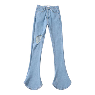 美式复古 辣妹性感高腰微喇叭牛仔裤女紧身显瘦破洞马蹄裤长裤