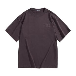 太平鸟男装 圆领褐色T恤男秋季重磅刺绣宽松短袖体恤男