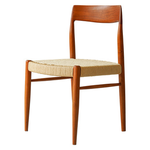 樱桃木牛皮绳编实木餐椅复古中古风咖啡店椅子简约家用靠背椅藤编