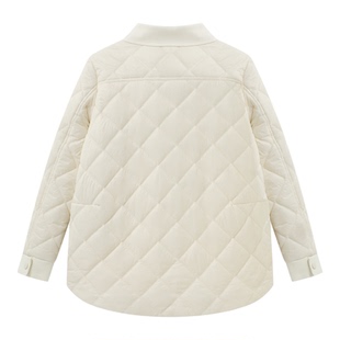 Basic House/百家轻薄短款小香风棉服女冬季新款菱格白色翻领外套