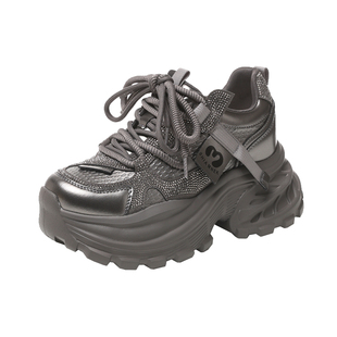 2026春季新款黑色增高老爹鞋网面透气亮钻拼接潮酷风厚底休闲女鞋