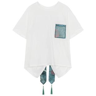 KEIKO 新中式蝴蝶结飘带饰白色t恤女夏季小众别致宽松短袖上衣