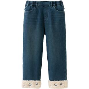 戴维贝拉中大童牛仔长裤2026冬装新款女童加绒裤子休闲保暖直筒裤