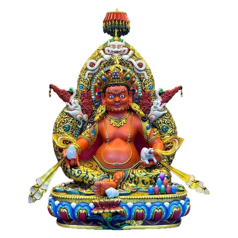 尼泊尔工艺精品带背光彩绘黄财神佛像纯铜手工錾刻藏巴拉铜雕摆件