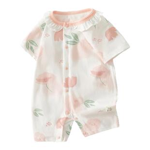 婧麒新生婴儿夏季衣服小月龄女宝宝连体衣薄款短袖空调服a类哈衣