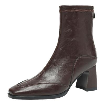 达芙妮高跟短靴女2025新款冬季复古粗跟法式弹力瘦瘦靴加绒马丁靴