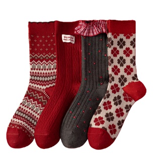 礼盒装羊毛袜子女中筒红色圣诞袜新年喜庆花边送礼秋冬季女士长袜