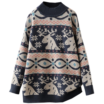 秋冬大码200斤半高领宽松提花长袖针织衫慵懒风加厚保暖套头毛衣