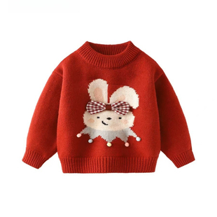女童毛衣红色过年衣服秋冬2025新款童装宝宝加绒加厚儿童针织上衣