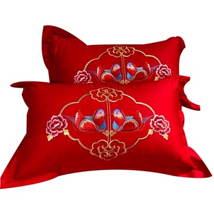 纯棉鸳鸯枕套 大红婚庆刺绣枕头皮宽边48*74一对装结婚床品陪嫁