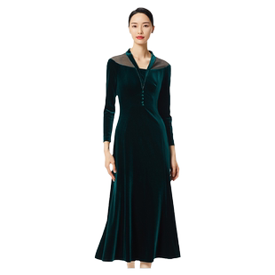 SUSSI/古色春季商场同款湖绿色V领丝绒高腰显瘦中长款连衣裙女