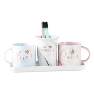 情侣漱口杯套装陶瓷刷牙杯矮款大理石纹一对牙缸杯牙杯韩式有把