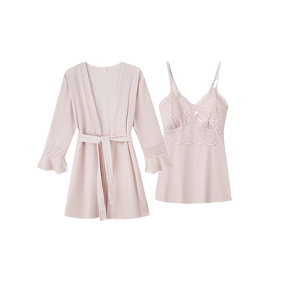 春秋季金丝绒睡衣女长袖套装秋冬款性感v领带胸垫吊带睡袍两件套