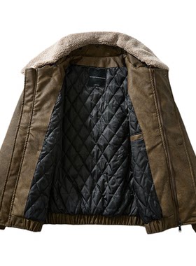 皮质感机车毛领工装巴恩风棉服男