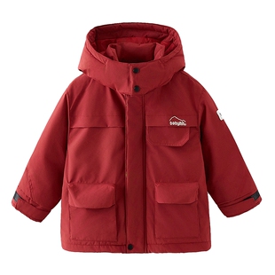 儿童冬季新年红色工装冲锋衣羽绒服爆款2026新款男童过年防寒外套