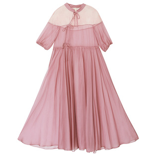 【158元区】春装半袖蕾丝拼接连衣裙女新款雪纺大摆长裙仙女裙