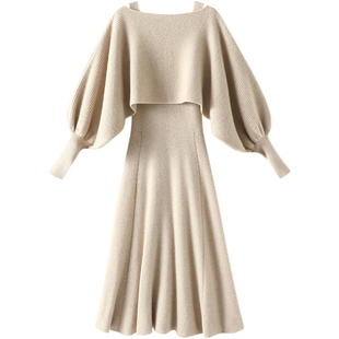 外滩女主~可斜肩一字领羊绒衫女纯羊绒毛衣长款吊带连衣裙子套装