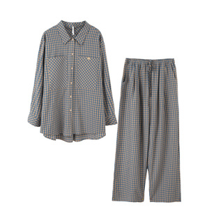 安之伴情侣睡衣女春秋季薄款纯棉长袖复古格子大码男士家居服套装