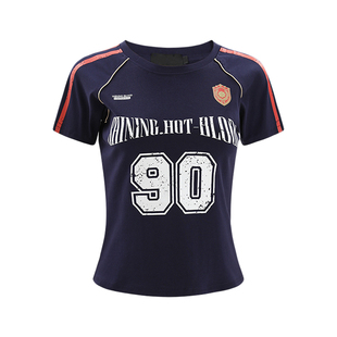 F383 复古条纹印花运动短袖球衣t恤女夏美式辣妹百搭设计感上衣潮