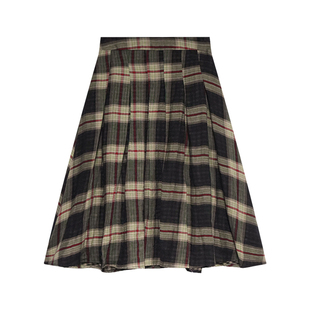 贰羊设计【禾子木】1oo棉复古宽松百褶半身裙女高腰格纹中长裙子