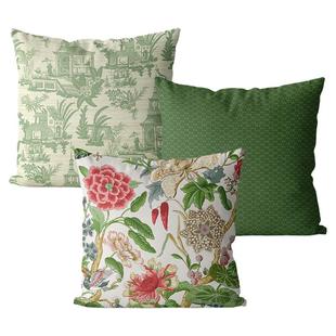 中式花鸟几何绿色图案双面棉麻抱枕沙发靠垫床头大靠背腰枕套定制