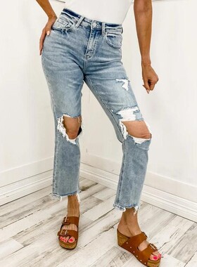 Y 59304 Women's Solid Color Distressed Jeans 纯色破洞牛仔裤