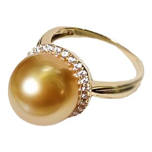 南洋金珠天然海水珍珠戒指18k金镶钻石经典奢华款正圆强光浓郁