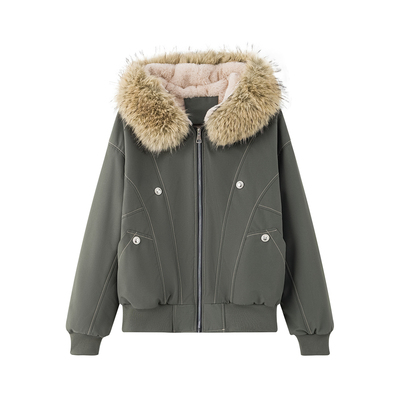 纯色宽松连帽美式复古工装棉服女