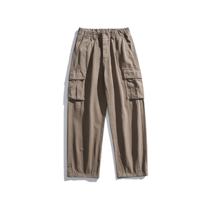 ONUN复古水洗碳磨棉质直筒工装裤日系宽松多口袋松紧腰休闲长裤潮