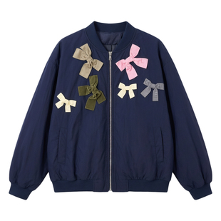 LUM 藏青色蝴蝶结棒球服短外套女秋季新款韩系休闲百搭夹克设计感