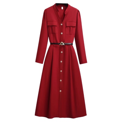 显白酒红色垂坠感大摆长裙连衣裙