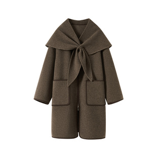 CROWNLESS未冕25秋冬新重磅羊毛双面呢可拆兔耳围巾+圆弧领长大衣