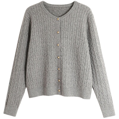 纽扣绵羊毛针织衫单排扣圆领开衫