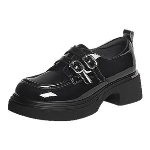 红蜻蜓双倍乐福鞋女鞋厚底粗跟复古英伦风小皮鞋百搭黑色休闲单鞋